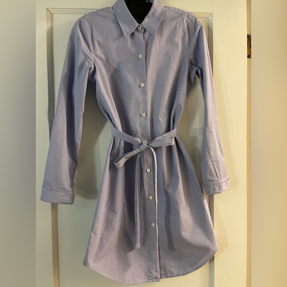 Theory Women's Blue Long Sleeve Oversized Shirt Dress with Belt - Size Small